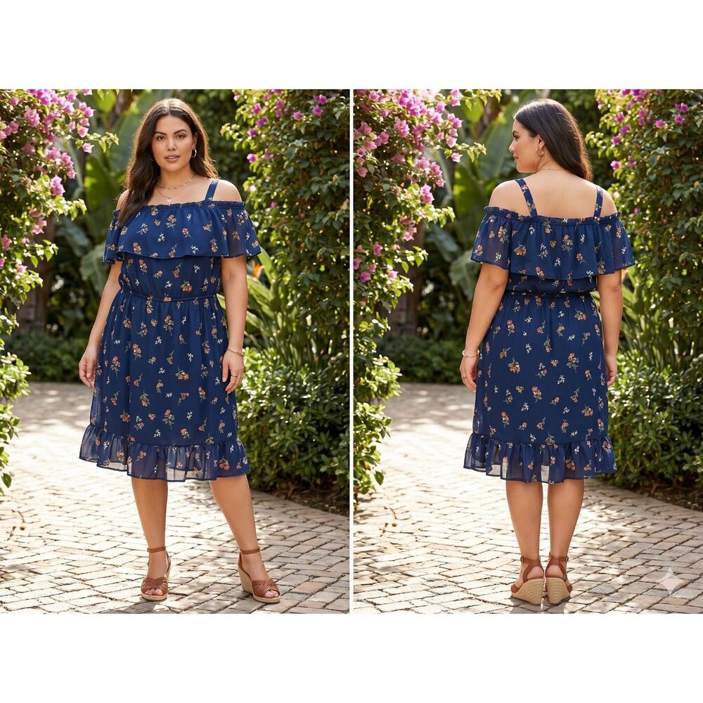 Liberty Love Blue Floral Off-the-Shoulder Dress - 3XL